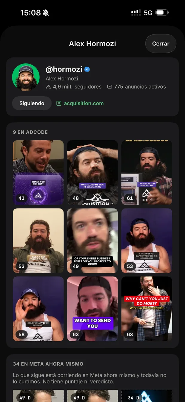 La ficha de un anunciante en la app, con sus anuncios en AdCode y los que corren en Meta ahora mismo