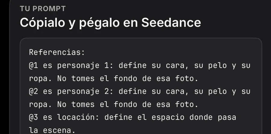 El prompt terminado en la app, listo para copiar y pegar en Seedance