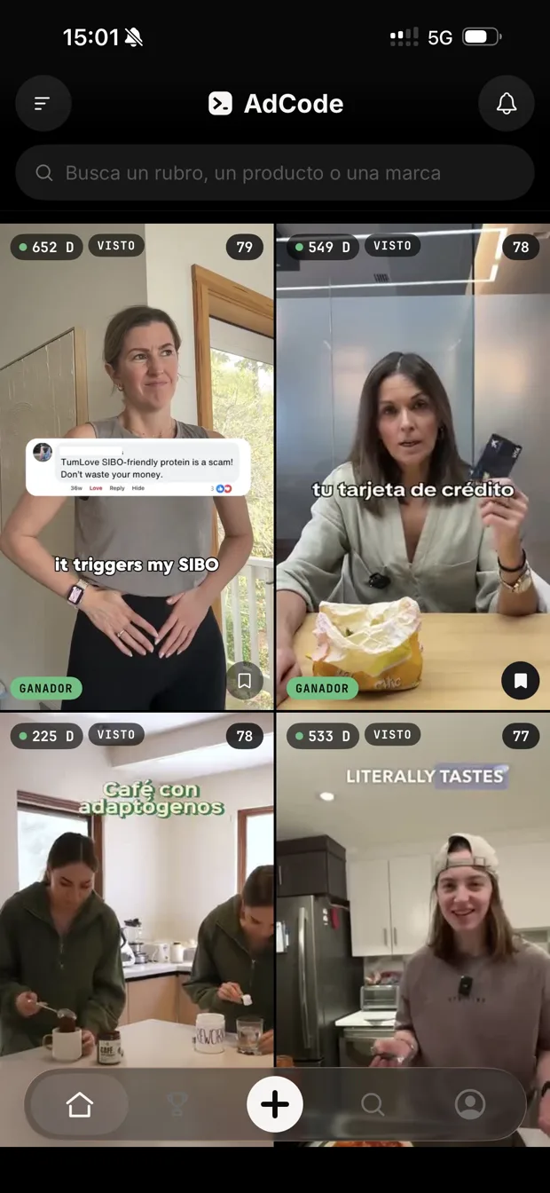 La vitrina de anuncios ganadores en la app, con los días en pauta y el puntaje de cada pieza