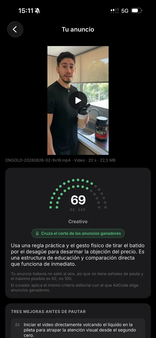El resultado de curar un anuncio propio en la app: puntaje 69 y las tres mejoras