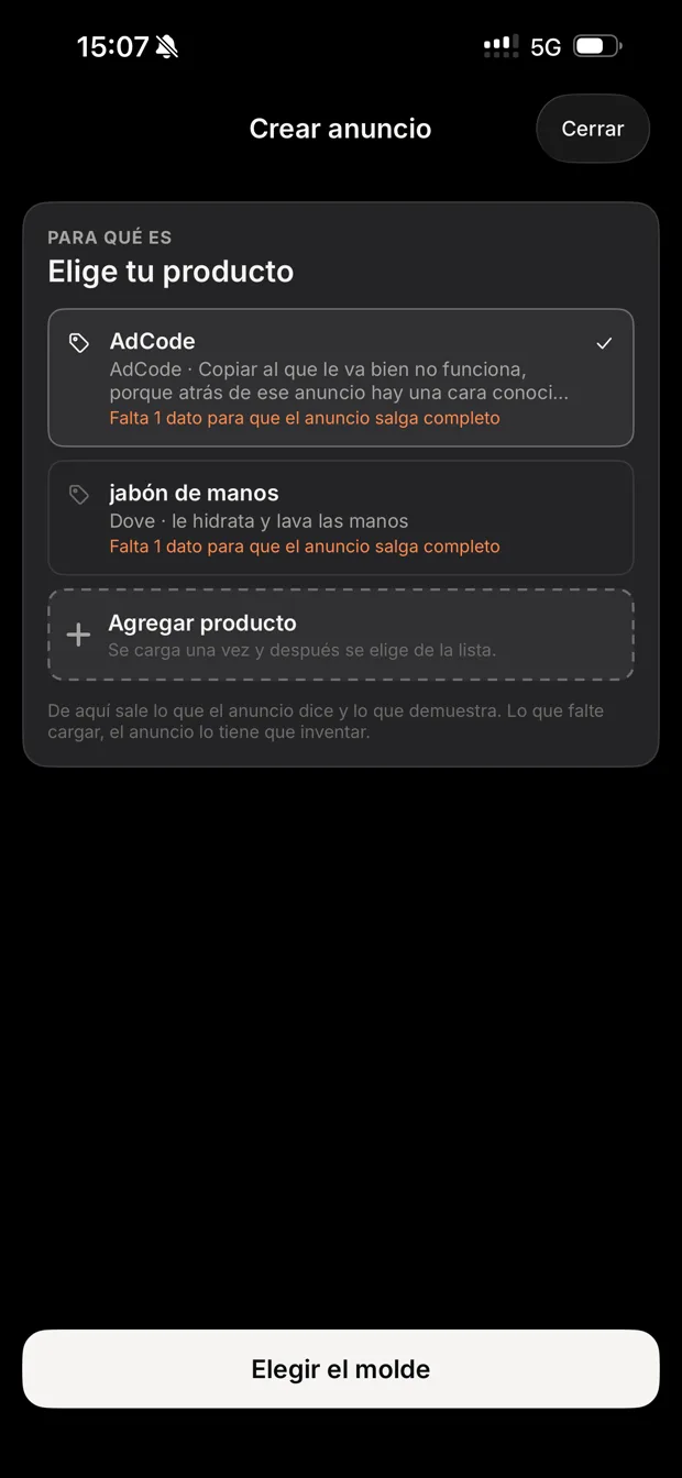 La pantalla para elegir a qué producto se adapta el anuncio