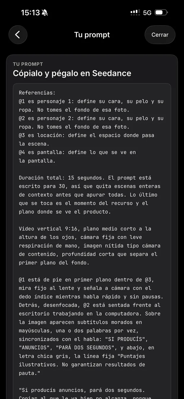 El prompt terminado en la app, listo para copiar y pegar en Seedance