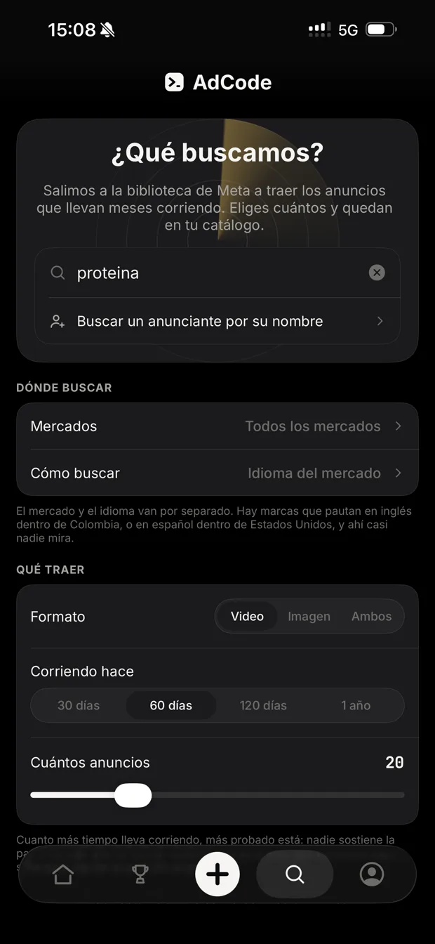 La pantalla de búsqueda en Meta desde la app, con mercados, formato y días corriendo