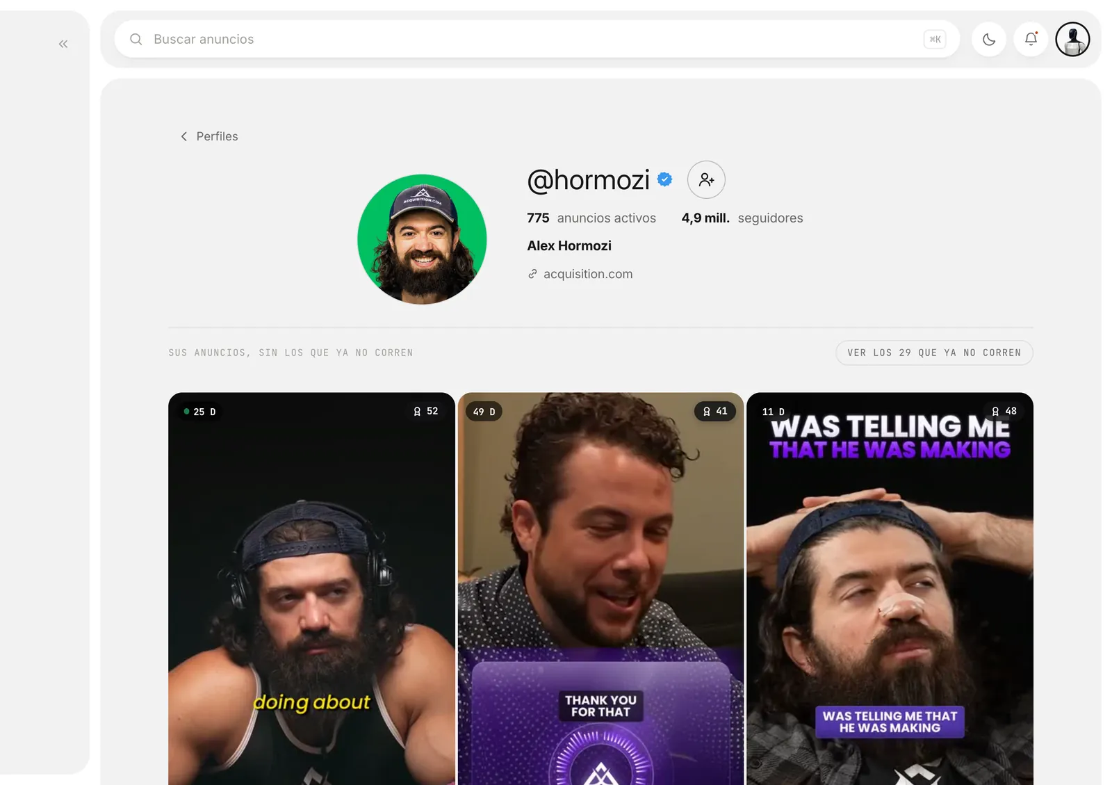 El perfil de un anunciante en AdCode, con sus anuncios ganadores y lo que corre en Meta
