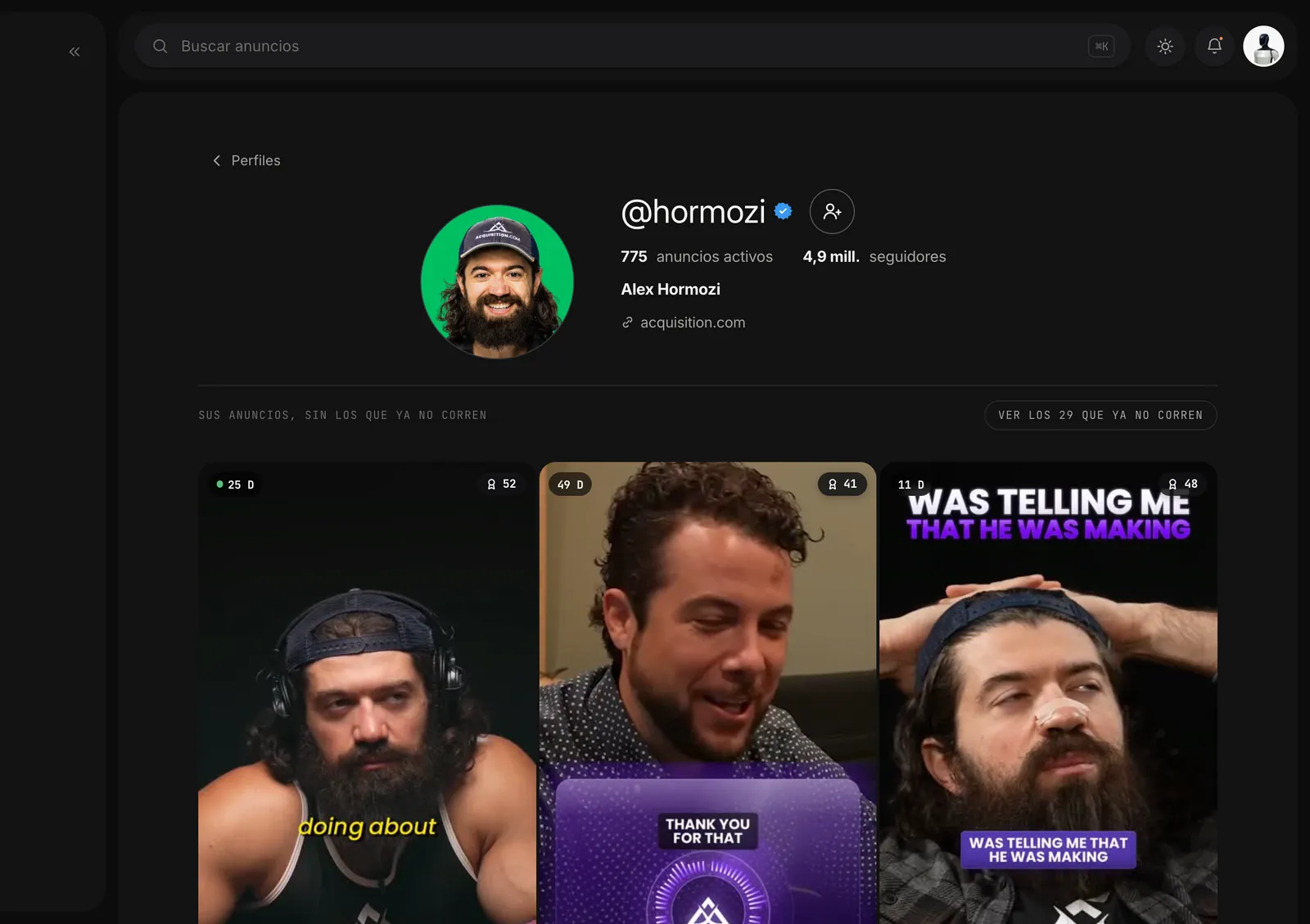 El perfil de un anunciante en AdCode, con sus anuncios ganadores y lo que corre en Meta