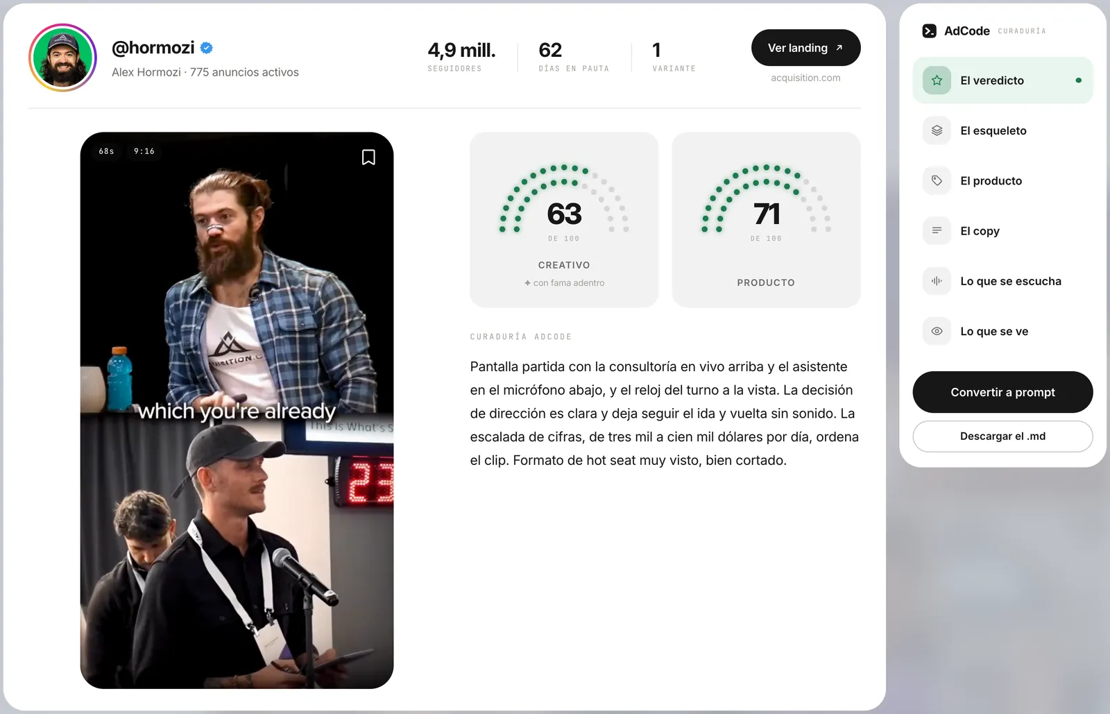 La ficha de un anuncio ganador en AdCode: el video, el puntaje del creativo, el del producto y el veredicto del curador