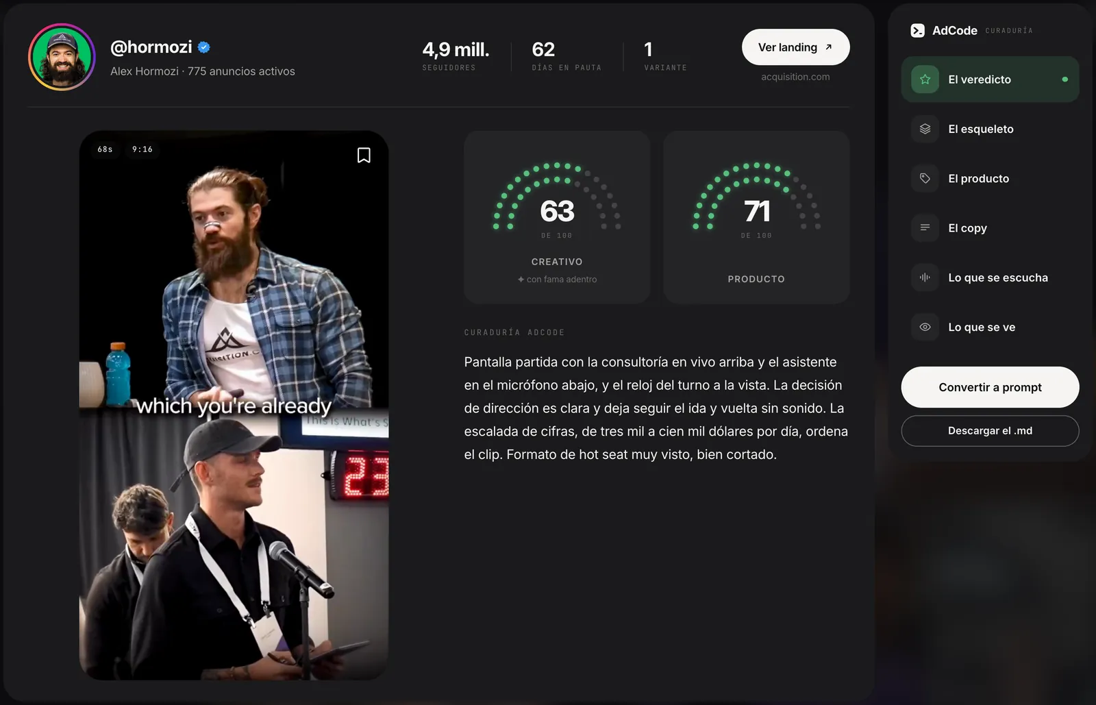 La ficha de un anuncio ganador en AdCode: el video, el puntaje del creativo, el del producto y el veredicto del curador