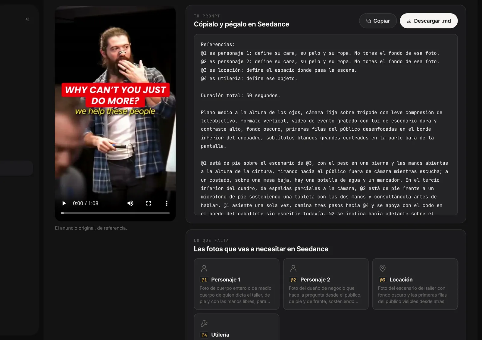 La mesa de AdCode con el prompt terminado, listo para copiar y pegar en Seedance, y la lista de fotos que hacen falta
