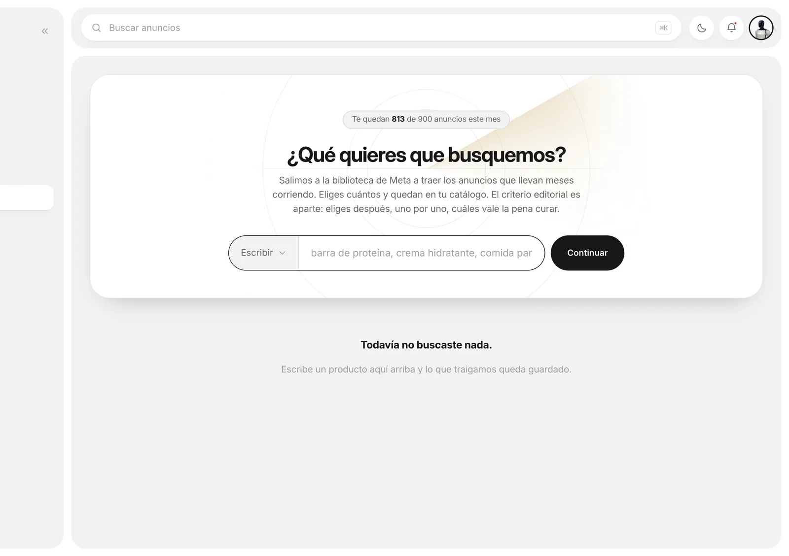 La pantalla del radar de AdCode: qué quieres que busquemos, con el historial de búsquedas debajo