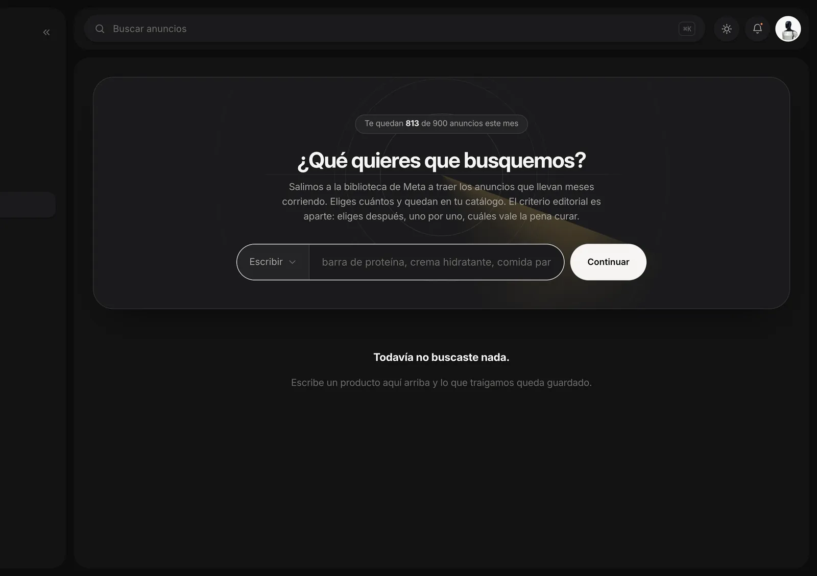 La pantalla del radar de AdCode: qué quieres que busquemos, con el historial de búsquedas debajo