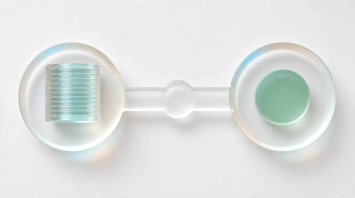 Una balanza de vidrio con láminas de un lado y un disco verde del otro