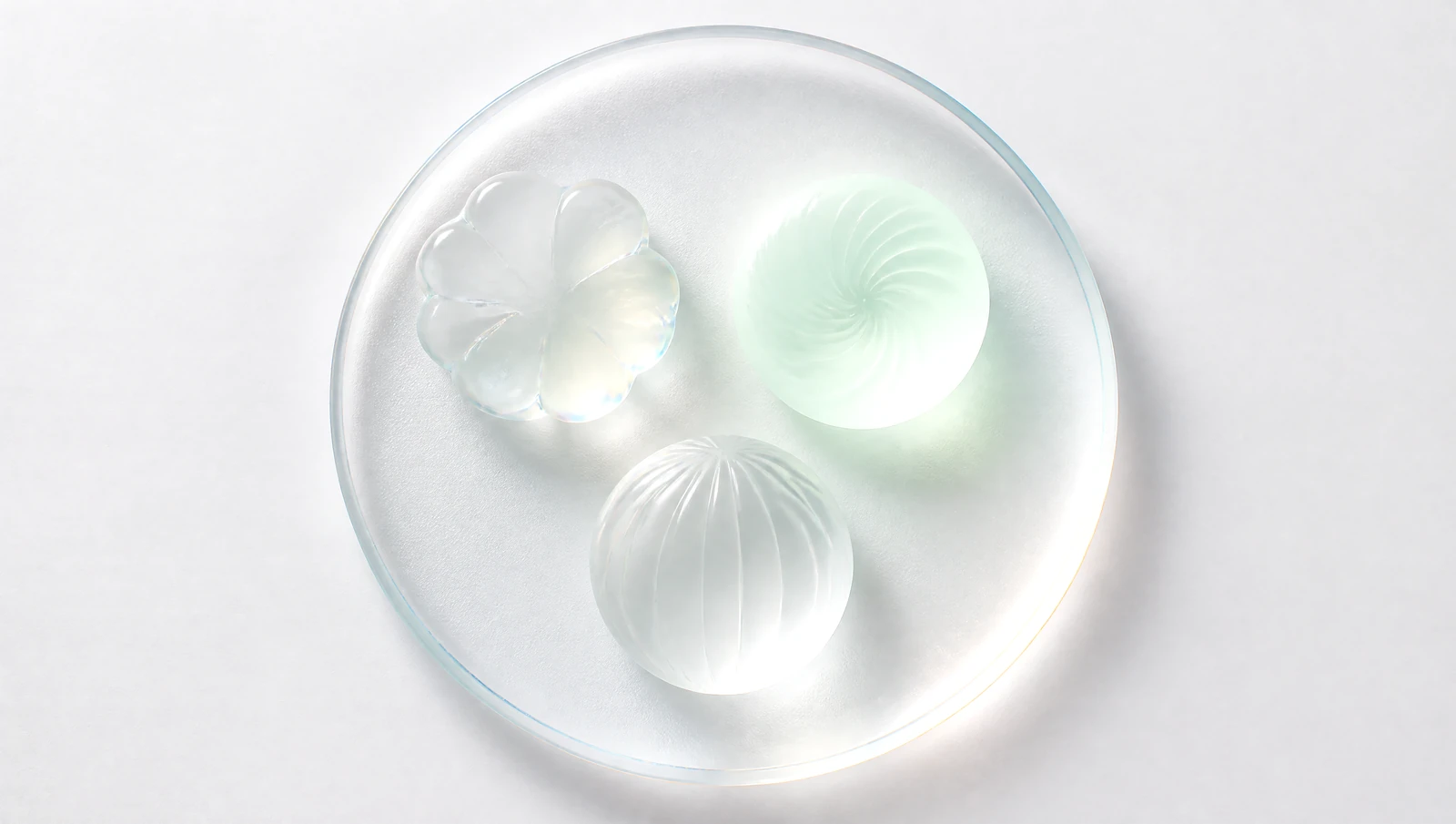 Un plato de vidrio con tres formas redondeadas, una en verde