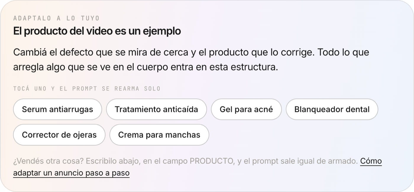 Bloque de adaptación con la regla y seis productos alternativos