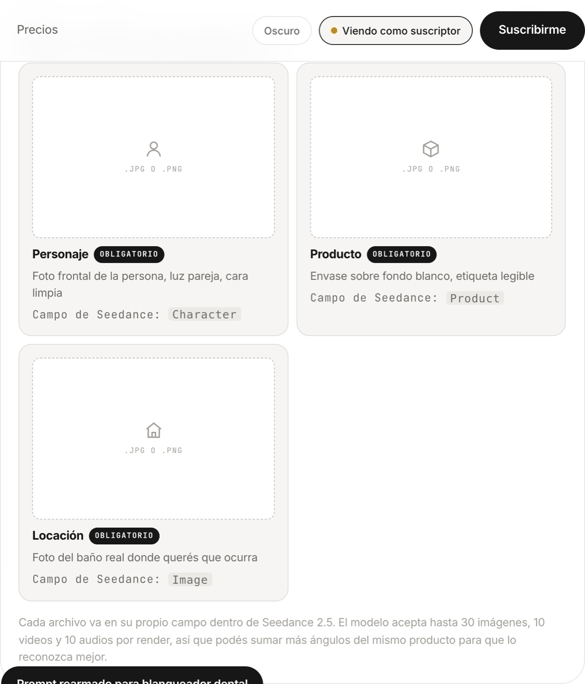 Los tres archivos que pide el anuncio, con el campo de Seedance de cada uno