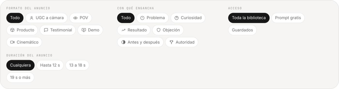 Panel de filtros por formato, hook, acceso y duración