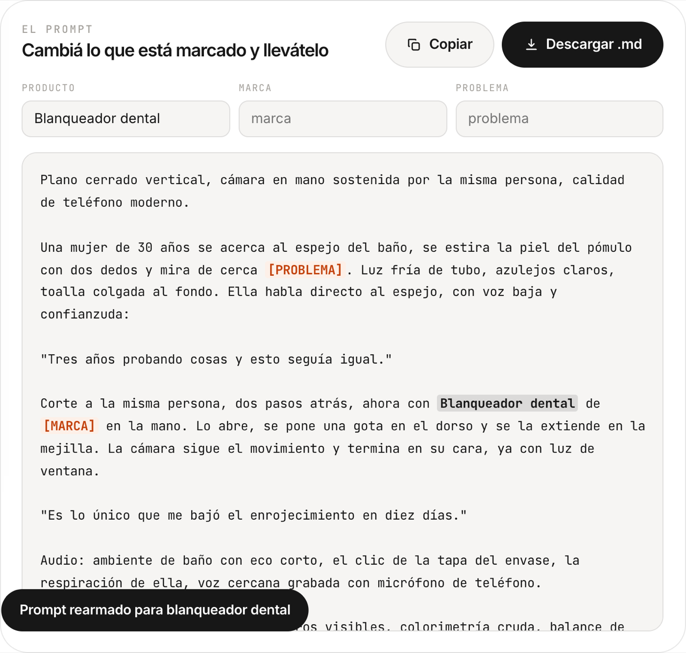 El prompt con la variable de producto ya reemplazada